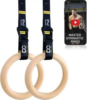 Double Circle Holz Turnringe mit verstellbaren Straps und Übungs Video Anleitung - Gym Turnringe Holz - Full Body Workout, Calisthenics, Gym (Verschiedene Größen)