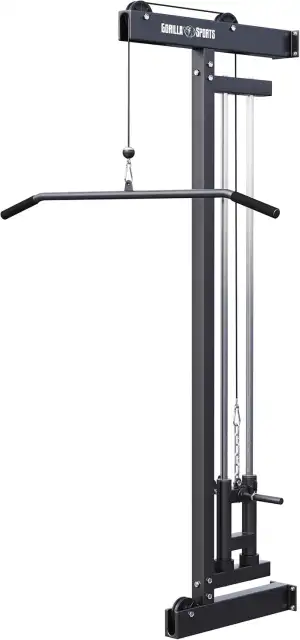 GORILLA SPORTS® Kabelzugturm - zur Wandmontage, mit Seilzug, Latzugstange und 2 Federverschlüssen, bis 300kg Belastbar, Schwarz - Latzugturm, Latzugstation, Latzugmaschine, Latzug-Turm, Kraftstation