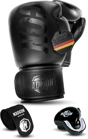 MADGON Box-Set mit Boxhandschuhe, 3m Boxbandagen & Mundschutz für Training & Sparring | Langlebig, PU-Leder | Ideal für Boxen, Kickboxen, Muay Thai (Unisex)