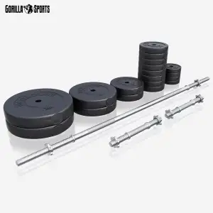 GORILLA SPORTS® Langhantel Set - 60kg, 100kg oder 130kg, Langhantelstange 170cm, 2 Kurzhanteln, Hantelscheiben aus Kunststoff, 30mm, mit Sternverschlüssen - Hantelset, Langhanteln, Gewichten, Fitness