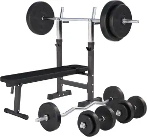 GORILLA SPORTS® Hantelbank - inkl. Hantelset 38/70/100kg, Ablage, Dip-Station, Höhenverstellbar, Klappbar, bis 200kg, Schwarz/Weiß - Trainingsbank mit Langhantelset, Drückerbank, Schrägbank, Flachbank