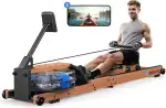 MERACH Wasser Rudergerät Holz Klappbar, Gummibaummaterial & Komfortabler Sitz, mit Exklusiver APP mit Interaktiven Kartenerfahrung, Immersives Rudererlebnis, Ideal für Heimfitness
