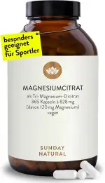 SUNDAY NATURAL® Magnesiumcitrat Kapseln - 365 Kapseln – Pro Tagesdosis 360 mg reines Magnesium ohne Zusatzstoffe - Premium Magnesium Citrate – Laborgeprüft, vegan, ohne weitere Zusätze
