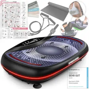 Sportstech 4D Premium Vibrationsplatte | Deutsche Qualitätsmarke | Smart LED I 3 leise Motoren I Workout Sitz & Liegestützgriffe | Touch Display + Bluetooth I Fitness & Yoga für Zuhause|VP500