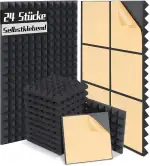Akustikschaumstoff Selbstklebend, 24 Stück Akustikpaneele Schalldämmung, Pyramidenschaum Schwarz Hochdicht, Schallschutz für Tonstudio Aufnahmestudio Büro Zuhause, 30 x 30 x 5 cm