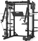 Smith Machine mit Jammer Arms, Beinpresse-Board und Bank – RitKeep PMAX-4750, duales scheibenbeladenes Fitnessgerät mit einstellbarem 1:1- & 2:1-Flaschenzugsystem