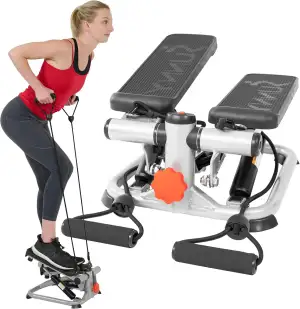 Sunny Health & Fitness Stepper für Zuhause, Ministepper für Home Gym, Kompakter Sportgeräte für Ganzkörper-Cardio mit Optionaler Twist-Bewegung, Widerstandsbändern und Kostenloser SunnyFit App