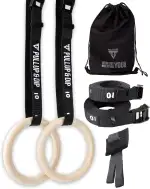 PULLUP & DIP Premium Turnringe Holz, Gym Rings Gymnastikringe, Turnerringe für Calisthenics, Breite Befestigungsgurte mit Markierungen + Türanker + Transportbeutel + eBook