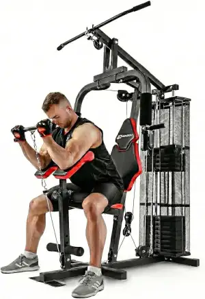 Hop-Sport Kraftstation für Zuhause | Fitnessstation mit 66 kg Gewichtsblock | 12 Stufen | Butterflymodul | Latzugstange & Seilzug Oben/unten | Curlpult | Beinstrecker | max 120kg Nutzer