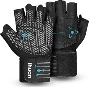 ihuan Belüftete Fitness Handschuhe mit Handgelenkband-Unterstützung für Herren und Frauen | Schwa...