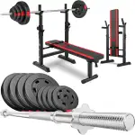 Hop-Sport Hantelset 39kg bis 99kg - Klappbare Hantelbank mit Gewichten, Verstellbare Langhantelablage, Trainingsbank für Bankdrücken, Stabiler Fitnessbank, 270 kg Max. Belastbarkeit