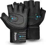 ihuan Belüftete Fitness Handschuhe mit Handgelenkband-Unterstützung für Herren und Frauen | Schwarze Trainingshandschuhe | kompletter Handflächenschutz für Gewichtheben, Training