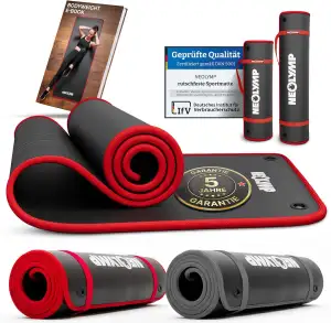 NEOLYMP extra dicke Fitnessmatte rutschfest mit Aufhänge-Ösen inkl. Tragegurt & E-Book – Yogamatte, Gymnastikmatte, Sportmatte & Pilates Matte (Schwarz-Rot, 80 cm | 1 Matte)