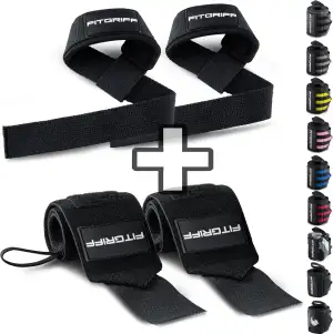 Fitgriff® Handgelenk Bandagen + Zughilfen (2er Set) - für Krafttraining, Fitness, Bodybuilding, Gewichtheben, Gym, Kraftsport - für Frauen und Männer