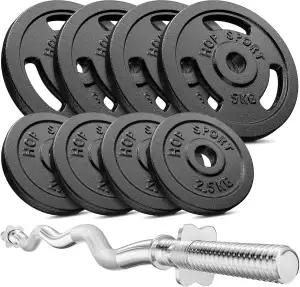 Hop-Sport Guss Hantelset mit SZ-Stange und Gewichten, 1x Curlstange, Set 37kg oder 57kg zur Auswahl