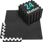 Bodenschutzmatte Fitness Set [31x31cm] - 24 Puzzlematte - EVA Sportmatte Fitnessmatte Rutschfest, Bodenmatte für Fitnessraum&Fitnessgerät, Fallschutzmatten Outdoor&Pool Unterlegmatte, Schwarz