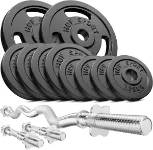 Hop-Sport Gusseisen Hantelset mit SZ-Stange und Kurzhanteln, Set 37kg, 57kg oder 77kg, inkl. Curlhantel, Kurzhantelstangen & Sternverschlüsse, Für Home Gym, 150 kg Max. Belastbarkeit
