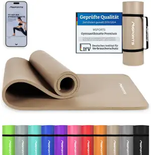 MSPORTS Gymnastikmatte Premium inkl. Tragegurt + Übungsposter + Workout App I Hautfreundliche Fitnessmatte 190 x 60 x 1,5 cm - Beige-Caramel - Phthalatfreie Yogamatte