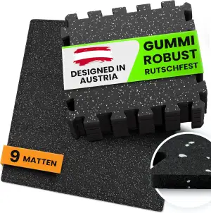 bemaxx Bodenschutzmatte Fitness – 9 Gummi-Matten pro Set: Gym Fitnessgeräte Sportmatte Puzzlematte Laufbandmatte Fitnessmatte Unterlegmatte Sportgeräte Trainingsmatte Bodenmatte Gymnastikmatte
