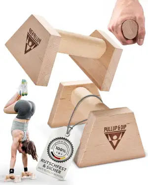 PULLUP & DIP Liegestützgriffe aus Holz inkl. Handgelenkbandagen – Ergonomische H